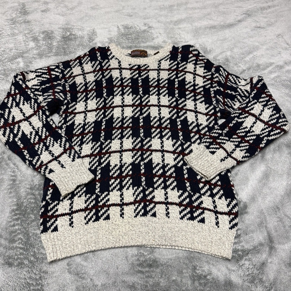 VTG Authentic Issue Men's Sweater Large Navy Cream Cotton Plaid Crewneck USA 90s